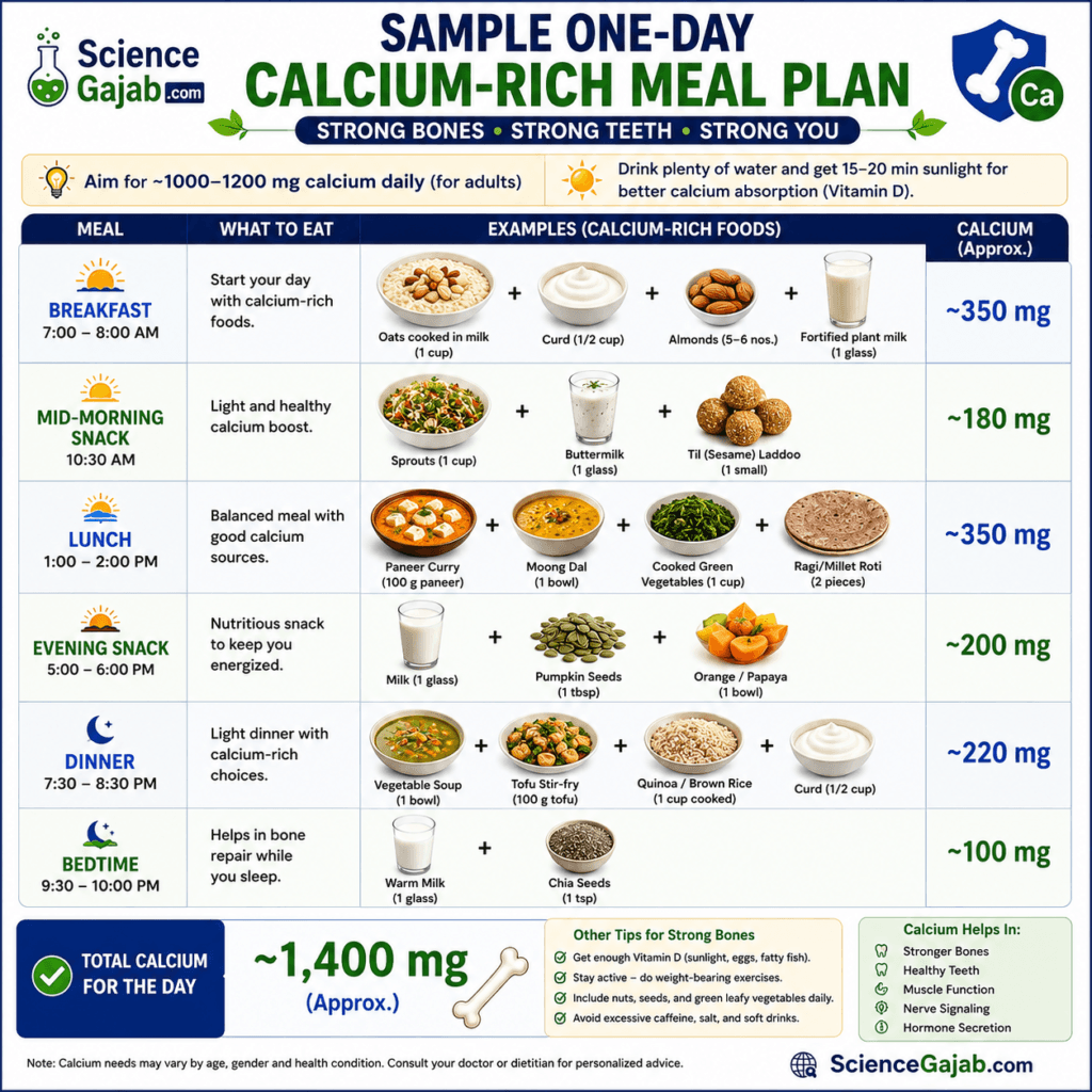This infographic lays out a practical one-day calcium-rich meal plan with meal timings, food examples, approximate calcium intake, and simple bone-health tips.
