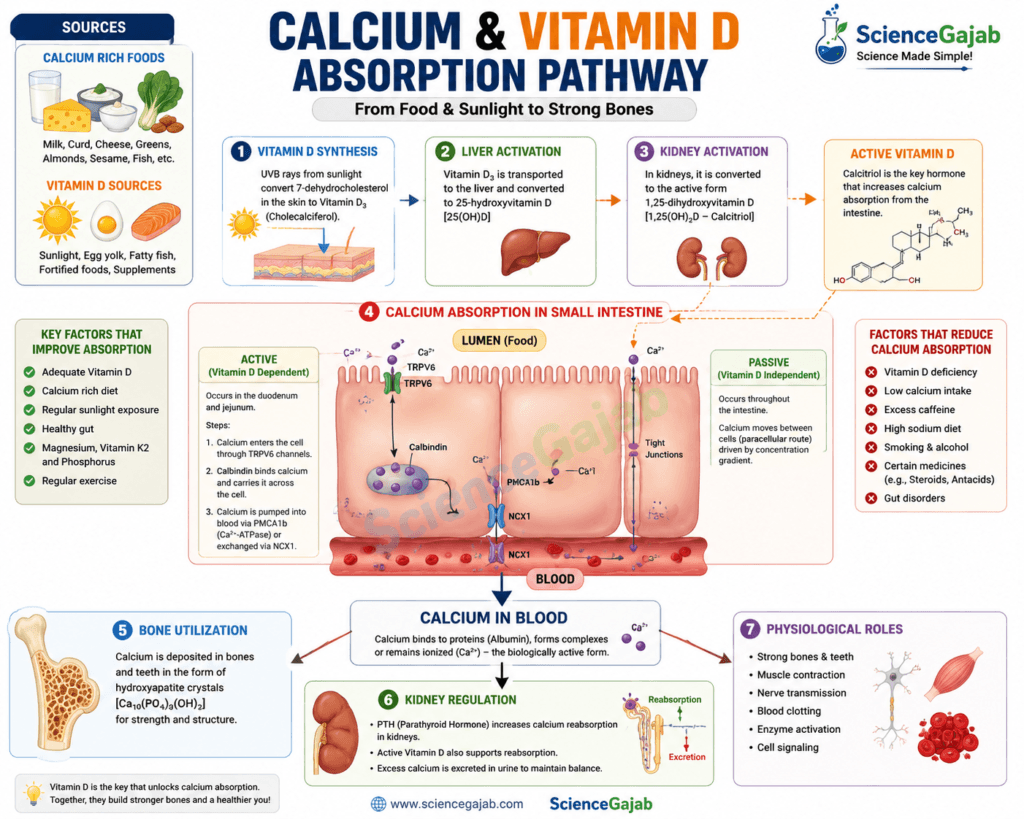 The infographic illustrates how vitamin D is produced and activated, how it helps the intestine absorb calcium, and how calcium is transported to bones and other tissues,
