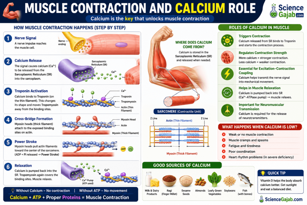 This infographic illustrates the step-by-step role of calcium in muscle contraction, from nerve signaling to relaxation, with supporting diagrams and key takeaway