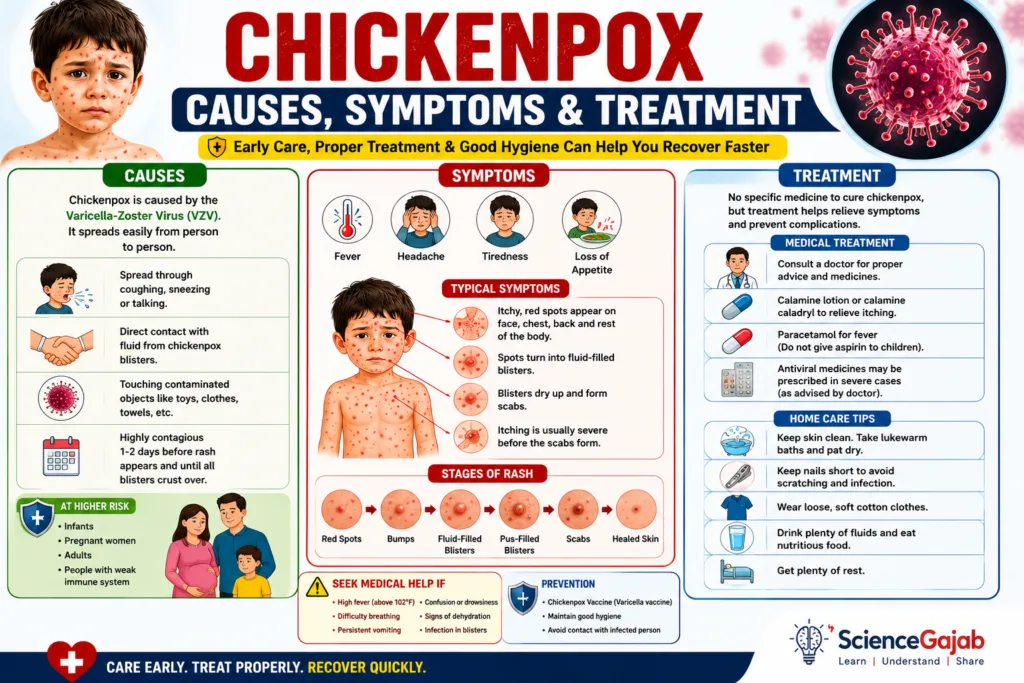 Comprehensive chickenpox infographic explaining the causes, symptoms, rash stages, treatment options, home care, prevention, and warning signs of chickenpox (varicella) with medical illustrations and easy-to-understand visuals.