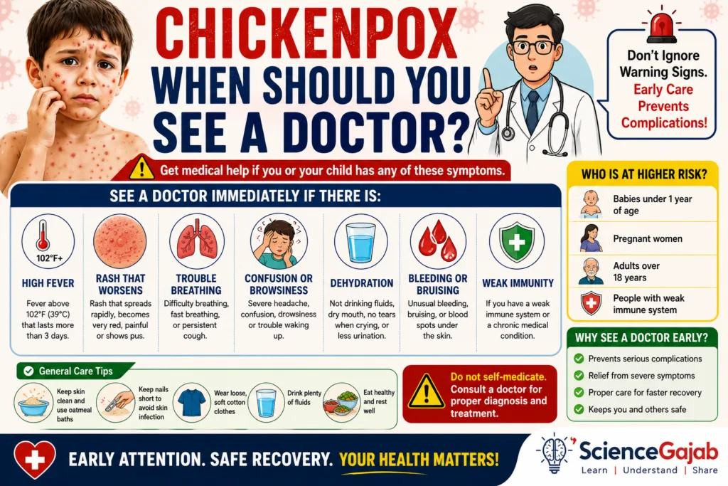 Medical infographic explaining when to see a doctor for chickenpox, highlighting warning signs such as high fever, worsening rash, difficulty breathing, dehydration, confusion, bleeding, weak immunity, high-risk groups, and essential home care tips.