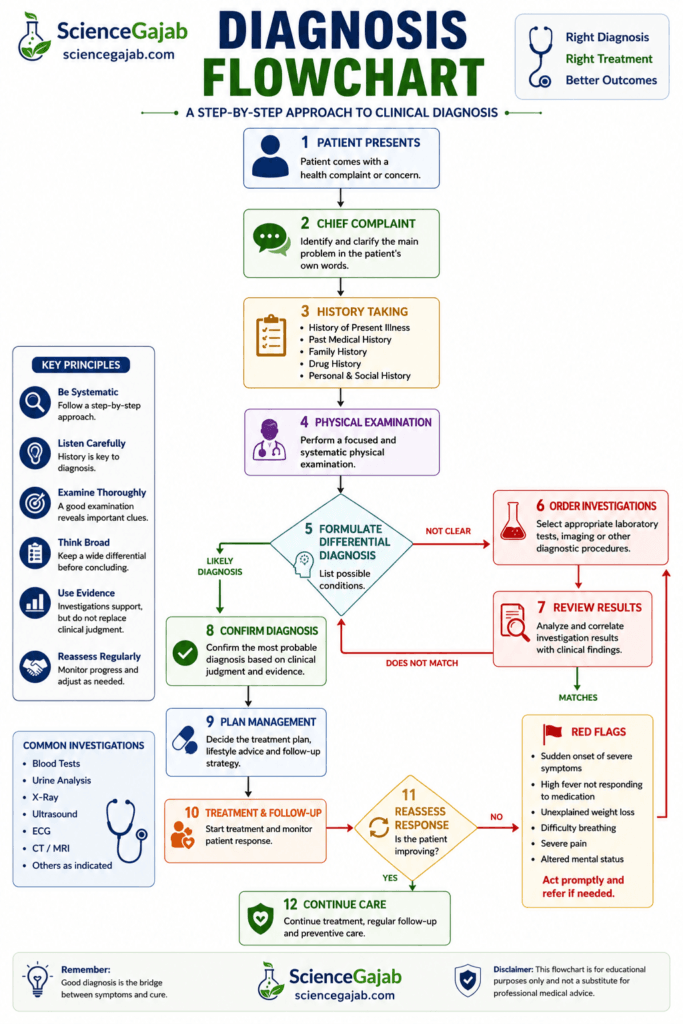 Medical diagnosis flowchart infographic illustrating the step-by-step clinical diagnostic process, including patient presentation, chief complaint, medical history, physical examination, differential diagnosis, laboratory and imaging investigations, review of results, diagnosis confirmation, treatment planning, follow-up, reassessment, and continued care. Includes decision branches, red flag warning signs, common investigations, key clinical principles, a