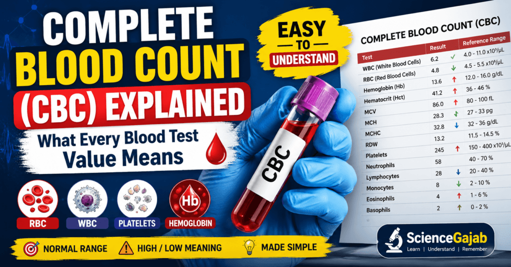 Complete Blood Count (CBC) explained infographic showing a CBC blood sample tube, red blood cells (RBC), white blood cells (WBC), platelets, hemoglobin, and a CBC report with normal blood test values and reference ranges.