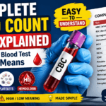 Complete Blood Count (CBC) explained infographic showing a CBC blood sample tube, red blood cells (RBC), white blood cells (WBC), platelets, hemoglobin, and a CBC report with normal blood test values and reference ranges.