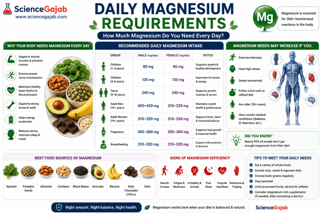 Medical infographic showing daily magnesium requirements by age, sex, pregnancy, and breastfeeding status. The chart includes recommended daily magnesium intake for children, teenagers, adult men, adult women, pregnant women, and breastfeeding women. It also highlights the health benefits of magnesium, common deficiency symptoms, factors that increase magnesium needs, magnesium-rich foods such as spinach, pumpkin seeds, almonds, cashews, black beans, avocado, bananas, dark chocolate, and oats, plus practical tips to meet daily magnesium requirements.