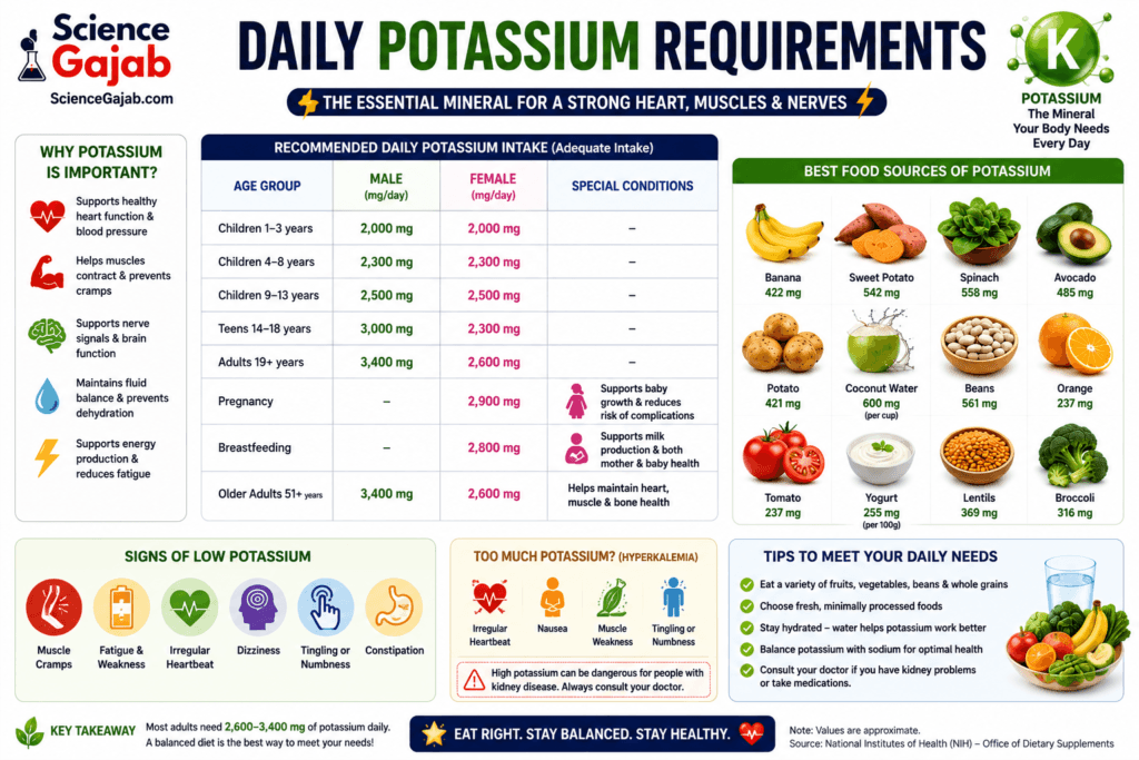 Daily Potassium Requirements chart showing recommended daily potassium intake by age group, sex, pregnancy, and breastfeeding status. The infographic explains potassium's role in heart health, muscle function, nerve signaling, fluid balance, and blood pressure regulation. It also features potassium-rich foods including bananas, sweet potatoes, spinach, avocados, potatoes, coconut water, beans, oranges, yogurt, lentils, and broccoli, plus signs of low potassium such as muscle cramps, fatigue, irregular heartbeat, tingling, numbness, dizziness, and constipation. Premium white-background medical infographic