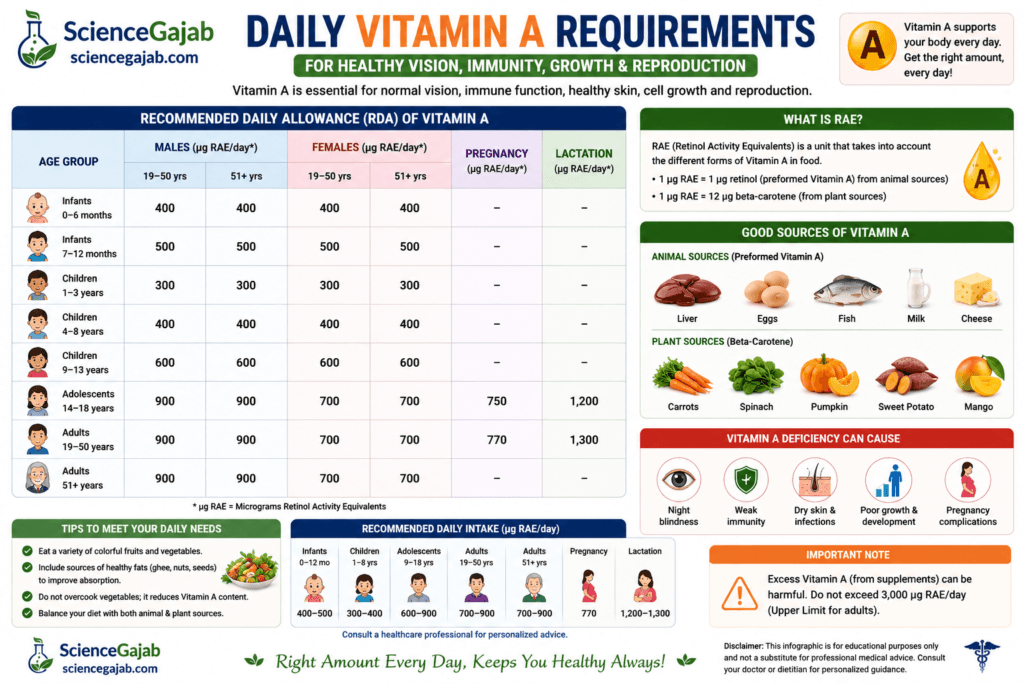 Medical infographic showing daily vitamin A requirements by age and life stage, including infants, children, adolescents, adults, pregnancy, and lactation. Features a recommended dietary allowance (RDA) chart in micrograms retinol activity equivalents (µg RAE/day), explains RAE, lists vitamin A-rich animal and plant food sources such as liver, eggs, fish, milk, cheese, carrots, spinach, pumpkin, sweet potatoes, and mangoes, and highlights deficiency symptoms, nutrition tips, safe intake recommendations,