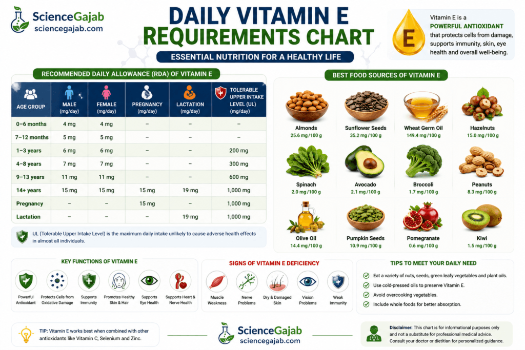 Medical infographic showing daily vitamin E requirements by age and life stage, including infants, children, teenagers, adults, pregnancy, and lactation. Features a recommended daily allowance (RDA) chart, upper intake limits, vitamin E-rich foods such as almonds, sunflower seeds, wheat germ oil, hazelnuts, spinach, avocado, broccoli, peanuts, olive oil, pumpkin seeds, pomegranate, and kiwi, plus key health benefits, deficiency symptoms, and nutrition tips on a clean white medical background