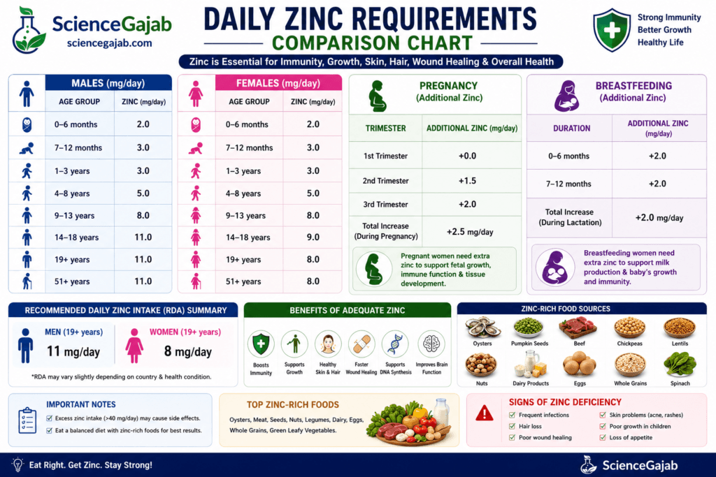 Medical infographic comparing daily zinc requirements by age, sex, pregnancy, and breastfeeding. Features recommended dietary allowance (RDA) tables for infants, children, adolescents, adults, older adults, pregnant women, and breastfeeding women, with zinc intake shown in milligrams per day (mg/day). Includes recommended daily intake summaries for men and women, benefits of zinc for immunity, growth, skin health, wound healing, DNA synthesis, and brain function, along with zinc-rich foods such as oysters, pumpkin seeds, beef, chickpeas, lentils, nuts, dairy products, eggs, whole grains, and spinach. Also highlights signs of zinc deficiency, important intake notes, and ScienceGajab branding on a clean white medical background.