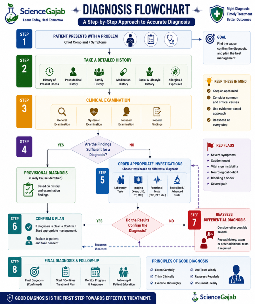 Medical diagnosis flowchart infographic illustrating the step-by-step clinical decision-making process, beginning with patient presentation, medical history, and physical examination, followed by provisional diagnosis, laboratory and imaging investigations, review of results, differential diagnosis, diagnosis confirmation, treatment planning, and follow-up care. Includes decision branches, common diagnostic tests, clinical principles, red flag warning signs,