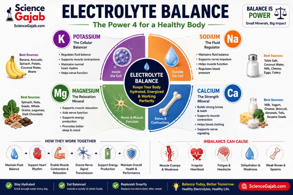 Electrolyte Balance diagram illustrating the roles of potassium (K), sodium (Na), magnesium (Mg), and calcium (Ca) in maintaining fluid balance, muscle contraction, nerve signal transmission, heart rhythm, bone health, and energy production. The infographic includes food sources such as bananas, spinach, avocados, dairy products, nuts, seeds, coconut water, and leafy greens, along with symptoms of electrolyte imbalance like muscle cramps, weakness, fatigue, dehydration, irregular heartbeat, and headaches. Premium white-background medical infographic