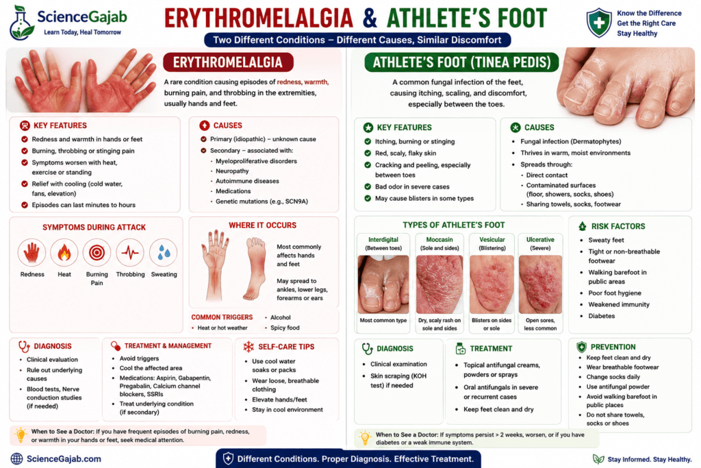 Medical comparison infographic showing erythromelalgia and athleteâs foot (tinea pedis) side by side. The erythromelalgia section illustrates red, hot, swollen hands and feet with burning pain, warmth, triggers such as heat and exercise, common symptoms, causes, diagnosis, treatment, and self-care tips. The athleteâs foot section shows fungal infection between the toes with scaling, peeling, redness, itching, cracking, and different clinical types including interdigital, moccasin, vesicular, and ulcerative forms. Also includes risk factors, diagnosis, treatment, prevention strategies, warning signs,