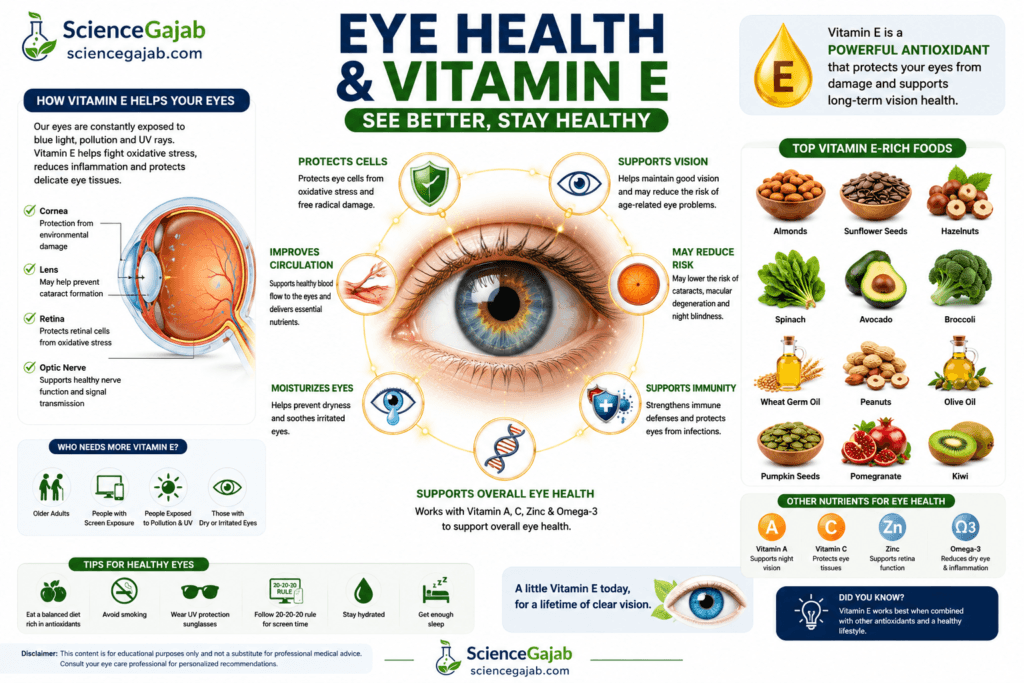 Medical infographic illustrating the role of vitamin E in eye health, featuring a detailed human eye anatomy diagram, antioxidant protection against oxidative stress, support for the retina, cornea, lens, optic nerve, vision, and circulation. Includes vitamin E-rich foods such as almonds, sunflower seeds, spinach, avocado, broccoli, wheat germ oil, hazelnuts, peanuts, olive oil, pumpkin seeds, pomegranate, and kiwi, along with healthy eye care tips, nutrient icons,