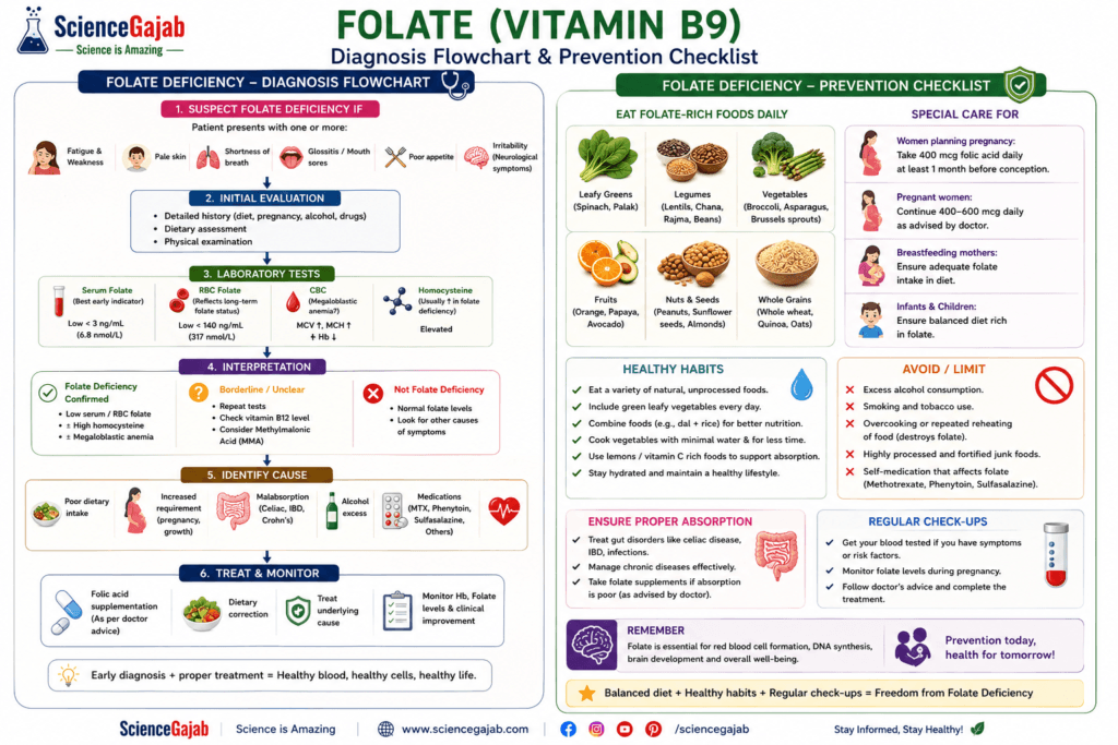 Medical infographic featuring a folate (vitamin B9) deficiency diagnosis flowchart and prevention checklist. The left panel guides readers through symptoms such as fatigue, weakness, pale skin, shortness of breath, glossitis, poor appetite, and irritability, followed by medical history, physical examination, laboratory tests including serum folate, red blood cell folate, complete blood count (CBC), and homocysteine levels, interpretation of results, identification of underlying causes, treatment with folic acid supplementation and dietary correction, and ongoing monitoring. The right panel provides a prevention checklist emphasizing daily consumption of folate-rich foods such as leafy green vegetables, legumes, fruits, nuts, seeds, whole grains, and vegetables, along with healthy lifestyle habits, pregnancy-specific recommendations, proper nutrient absorption, avoiding alcohol, smoking, and overcooking foods, and regular medical check-ups. ScienceGajab branding appears on a clean white medical-style background.