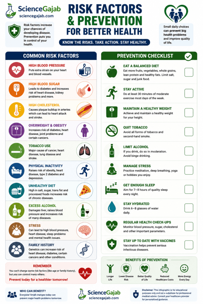 Medical infographic showing common disease risk factors and a prevention checklist. The left panel highlights risk factors including high blood pressure, high blood sugar, high cholesterol, obesity, tobacco use, physical inactivity, unhealthy diet, excessive alcohol use, stress, and family history. The right panel features a prevention checklist with healthy eating, regular exercise, weight management, quitting smoking, limiting alcohol, stress reduction, adequate sleep, hydration, routine health check-ups, and vaccinations. Includes health icons, preventive care tips, benefits of prevention,