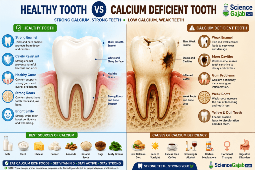 This infographic clearly compares a healthy tooth with a calcium-deficient tooth, highlighting differences in enamel, gums, roots, and common signs of deficiency, along with calcium-rich food sources and risk factors.