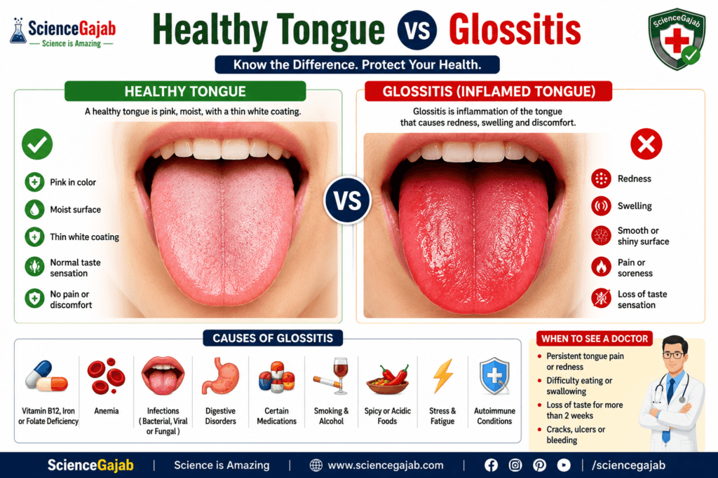 Medical infographic comparing a healthy tongue and glossitis (inflamed tongue). The left side shows a healthy pink, moist tongue with a thin white coating and normal appearance, while the right side shows a red, swollen, smooth tongue with inflammation. Icons highlight symptoms such as redness, swelling, pain, and loss of taste, along with common causes including vitamin B12, iron and folate deficiency, anemia, infections, digestive disorders, medications, smoking, alcohol, spicy foods, stress, and autoimmune conditions. A section explains when to seek medical care. ScienceGajab branding appears on a clean white background.