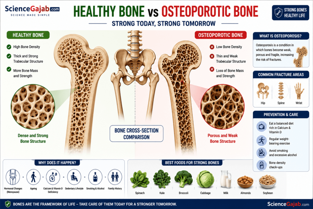 Healthy Bone vs Osteoporotic Bone comparison infographic showing dense, strong bone structure alongside porous, weak osteoporotic bone. The medical illustration highlights differences in bone density, trabecular architecture, fracture risk, common fracture sites, causes of osteoporosis, prevention tips, and bone-strengthening foods including spinach, kale, broccoli, cabbage, milk, almonds, and soybeans. Educational medical infographic