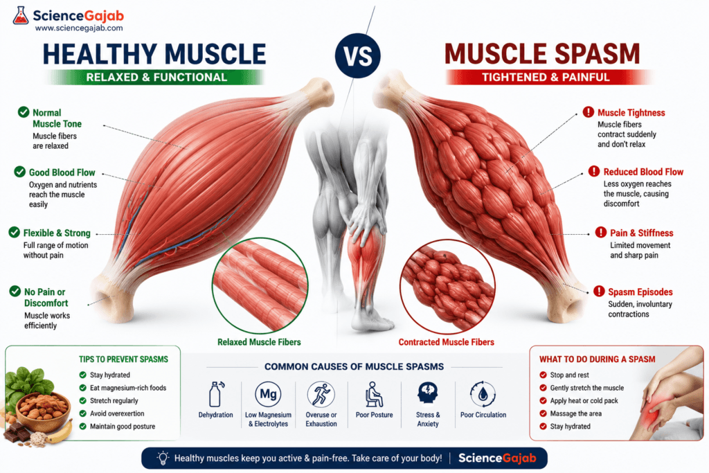 Healthy Muscle vs Muscle Spasm infographic showing a side-by-side comparison of relaxed, healthy muscle fibers and tightly contracted muscle fibers causing a painful muscle spasm. The image highlights differences in muscle tone, blood flow, flexibility, pain, and stiffness, with illustrations of muscle anatomy, common causes such as dehydration and magnesium deficiency, prevention tips, and first-aid advice.