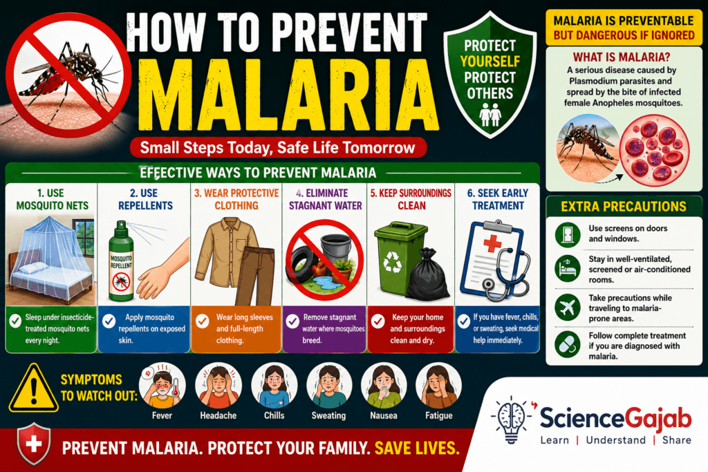 Infographic showing how to prevent malaria with insecticide-treated mosquito nets, mosquito repellents, protective clothing, elimination of stagnant water, clean surroundings, and early medical treatment to reduce the risk of malaria infection.