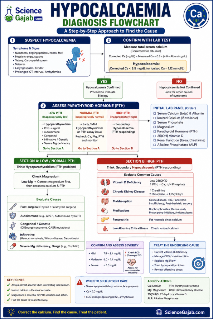 This flowchart walks through the diagnosis of hypocalcaemia step by step, from recognizing symptoms to confirming the diagnosis, identifying the cause, and guiding management.