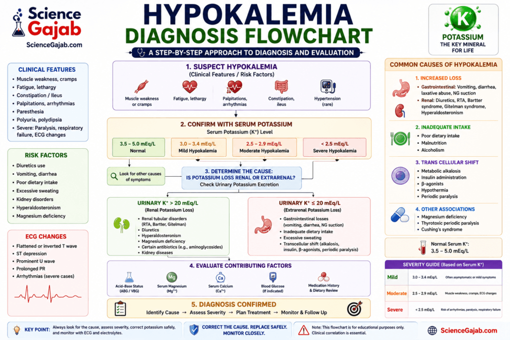 Hypokalemia diagnosis flowchart illustrating the step-by-step evaluation of low potassium (hypokalemia). The medical infographic covers clinical symptoms, serum potassium testing, ECG changes, severity classification, common causes, urinary potassium assessment, risk factors, differential diagnosis, and treatment planning. It includes visual icons for muscles, heart, kidneys, digestive system, laboratory tests, and electrolyte balance on a clean white background