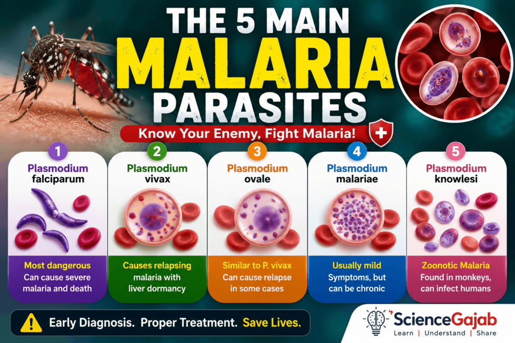 Infographic showing the five main malaria parasitesâPlasmodium falciparum, Plasmodium vivax, Plasmodium ovale, Plasmodium malariae, and Plasmodium knowlesiâwith illustrations, key characteristics, and disease severity comparison.