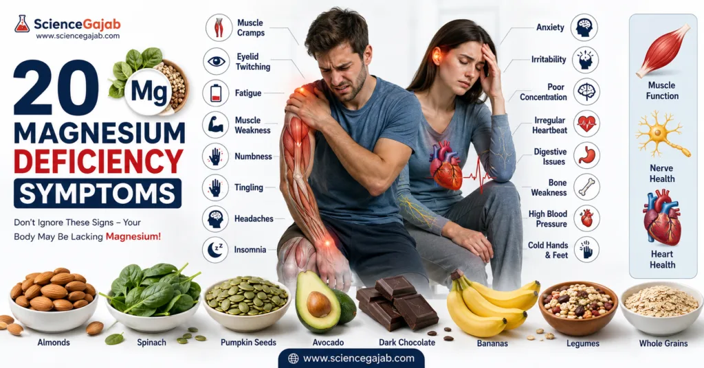 Medical infographic showing common magnesium deficiency symptoms including muscle cramps, fatigue, eyelid twitching, numbness, irregular heartbeat, and magnesium-rich foods.
