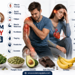 Medical infographic showing common magnesium deficiency symptoms including muscle cramps, fatigue, eyelid twitching, numbness, irregular heartbeat, and magnesium-rich foods.
