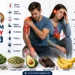 Medical infographic showing common magnesium deficiency symptoms including muscle cramps, fatigue, eyelid twitching, numbness, irregular heartbeat, and magnesium-rich foods.