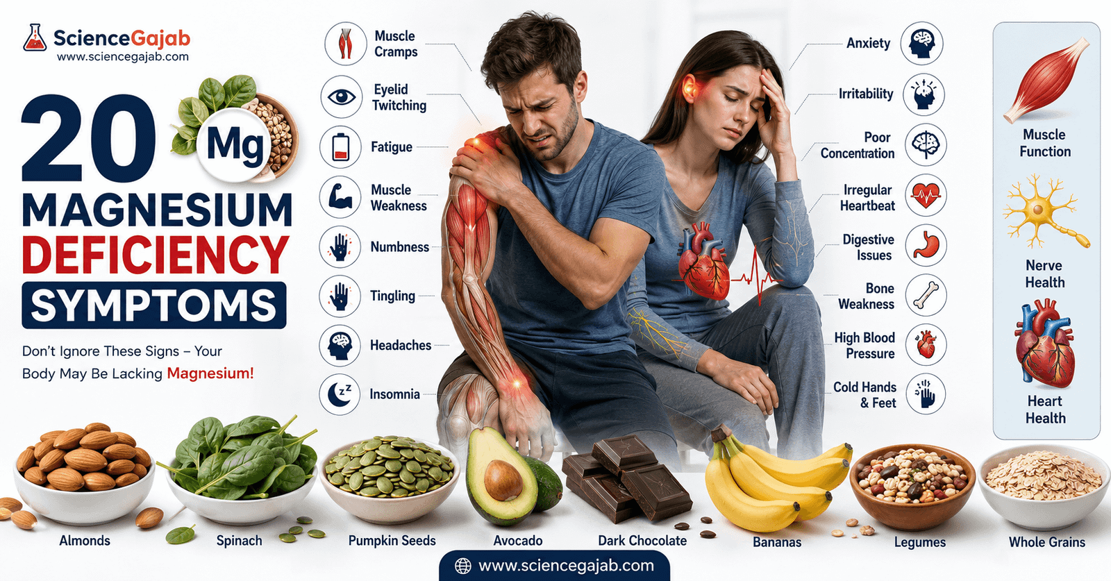 Medical infographic showing common magnesium deficiency symptoms including muscle cramps, fatigue, eyelid twitching, numbness, irregular heartbeat, and magnesium-rich foods.