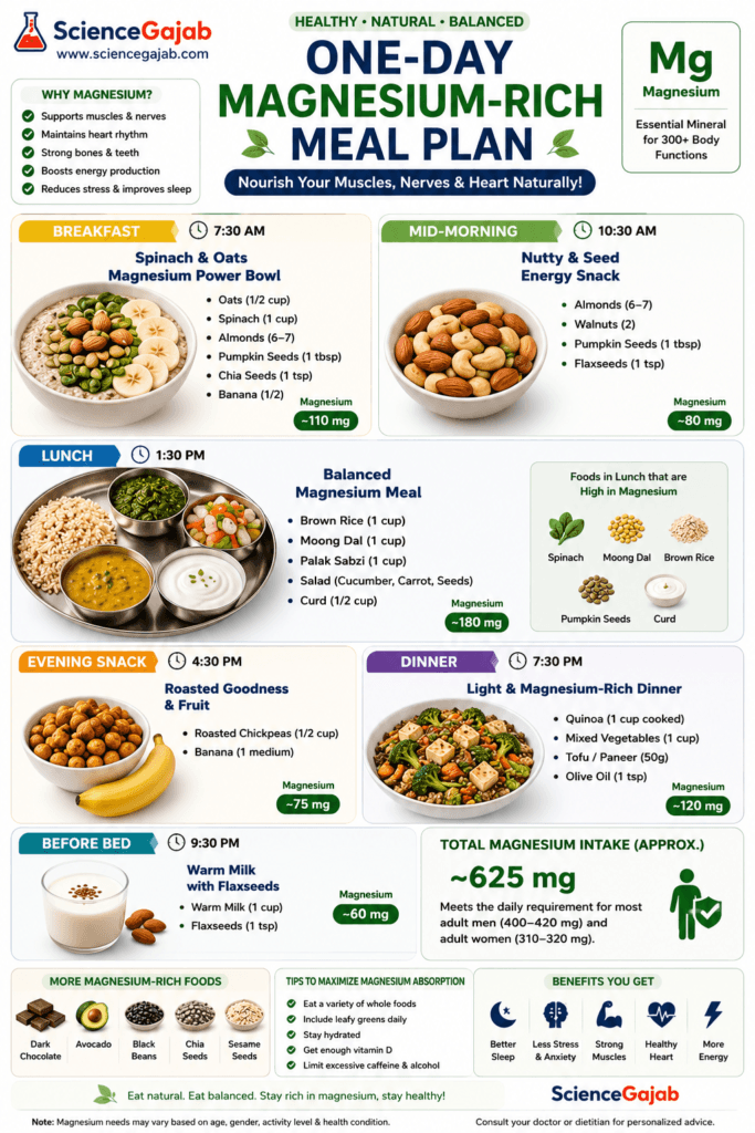 Medical infographic presenting a one-day magnesium-rich meal plan with breakfast, mid-morning snack, lunch, evening snack, dinner, and bedtime snack. Meals include oats with spinach, almonds, pumpkin seeds, chia seeds, mixed nuts, brown rice, moong dal, palak, salad, roasted chickpeas, banana, quinoa, tofu, vegetables, milk, and flaxseeds. The infographic estimates magnesium intake per meal and total daily intake, highlights additional magnesium-rich foods, explains health benefits for muscles, nerves, heart, sleep, and energy, and provides tips to improve magnesium absorption.