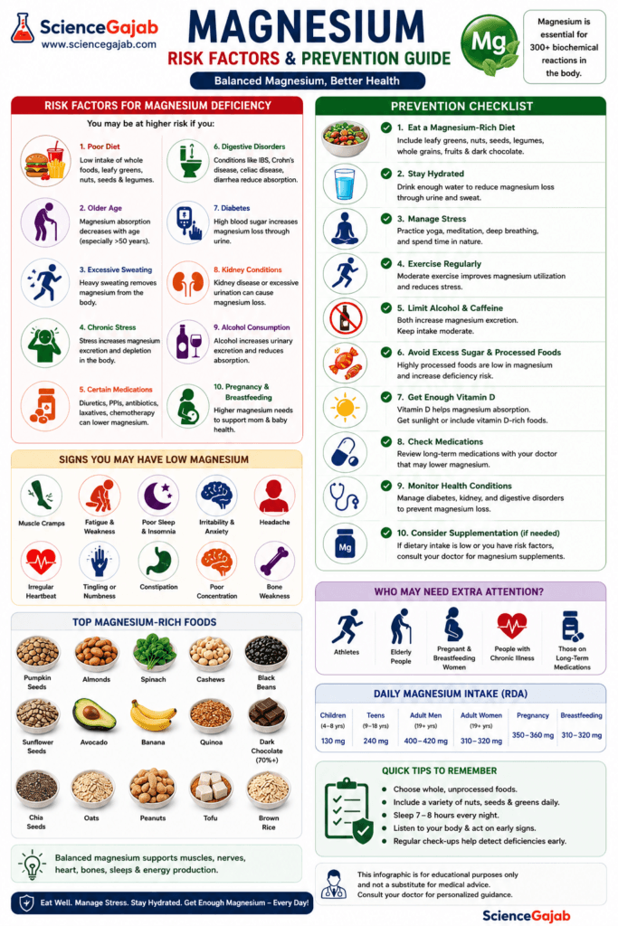 Medical infographic explaining magnesium deficiency risk factors and a prevention checklist. The infographic highlights common risk factors including poor diet, digestive disorders, diabetes, kidney disease, excessive sweating, chronic stress, older age, pregnancy, breastfeeding, alcohol use, and certain medications. It also provides prevention tips such as eating magnesium-rich foods, staying hydrated, exercising regularly, managing stress, limiting alcohol and processed foods, maintaining adequate vitamin D, reviewing medications, and treating underlying health conditions. Additional sections show common magnesium deficiency symptoms, top magnesium-rich foods, recommended daily magnesium intake by age and sex, groups at higher risk, and quick lifestyle tips. White medical background
