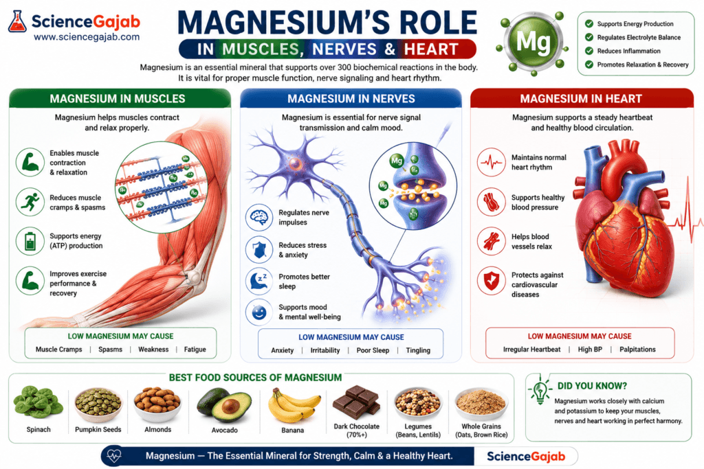 Medical infographic illustrating magnesium's role in muscles, nerves, and heart health. The image explains how magnesium supports muscle contraction and relaxation, nerve signal transmission, and a steady heartbeat. It includes anatomical illustrations of muscle fibers, neurons, and the heart, along with magnesium-rich foods such as spinach, pumpkin seeds, almonds, avocado, bananas, dark chocolate, legumes, and whole grains.