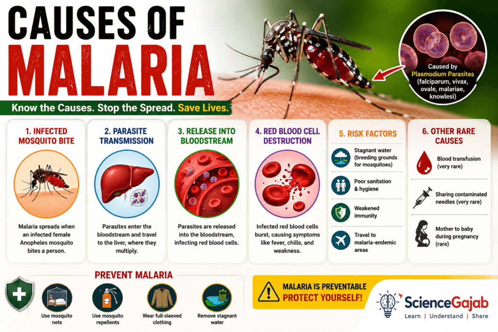 Medical infographic explaining the causes of malaria, showing an infected female Anopheles mosquito transmitting Plasmodium parasites, the parasite life cycle, red blood cell infection, malaria risk factors, rare transmission routes, and prevention methods