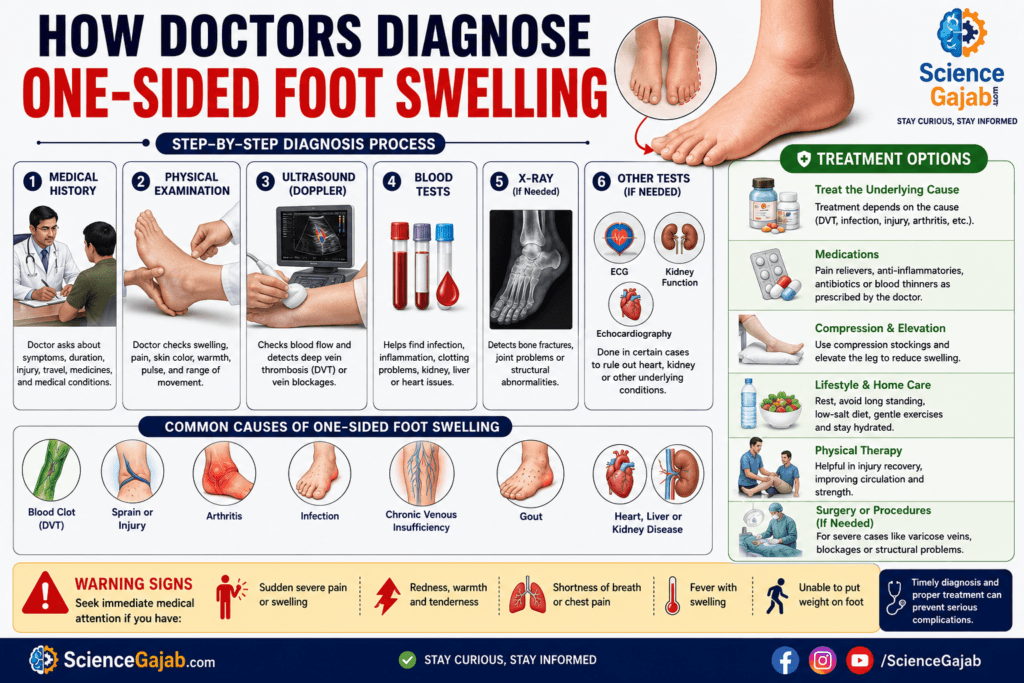 Medical infographic titled "How Doctors Diagnose One-Sided Foot Swelling" showing the step-by-step diagnostic process, including medical history, physical examination, Doppler ultrasound, blood tests, X-ray, and additional tests such as ECG, echocardiography, and kidney function tests. The infographic also illustrates common causes like deep vein thrombosis (DVT), sprain, arthritis, infection, chronic venous insufficiency, gout, and heart, liver, or kidney disease, along with treatment options including medications, compression therapy, leg elevation, lifestyle changes, physical therapy, and surgery when needed. A warning section highlights emergency symptoms such as severe pain, redness, warmth, chest pain, fever, and inability to bear weight,