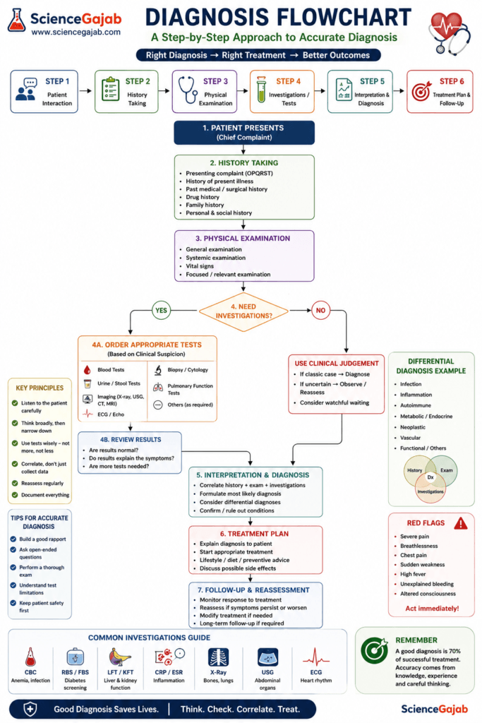 Medical diagnosis flowchart infographic illustrating a step-by-step clinical approach to evaluating patients. The flowchart covers patient presentation, history taking, physical examination, decision to order investigations, laboratory and imaging tests, interpretation of results, differential diagnosis, treatment planning, and follow-up. It also includes common investigations, red flag symptoms requiring urgent evaluation, key diagnostic principles, and practical tips for accurate diagnosis. White medical background