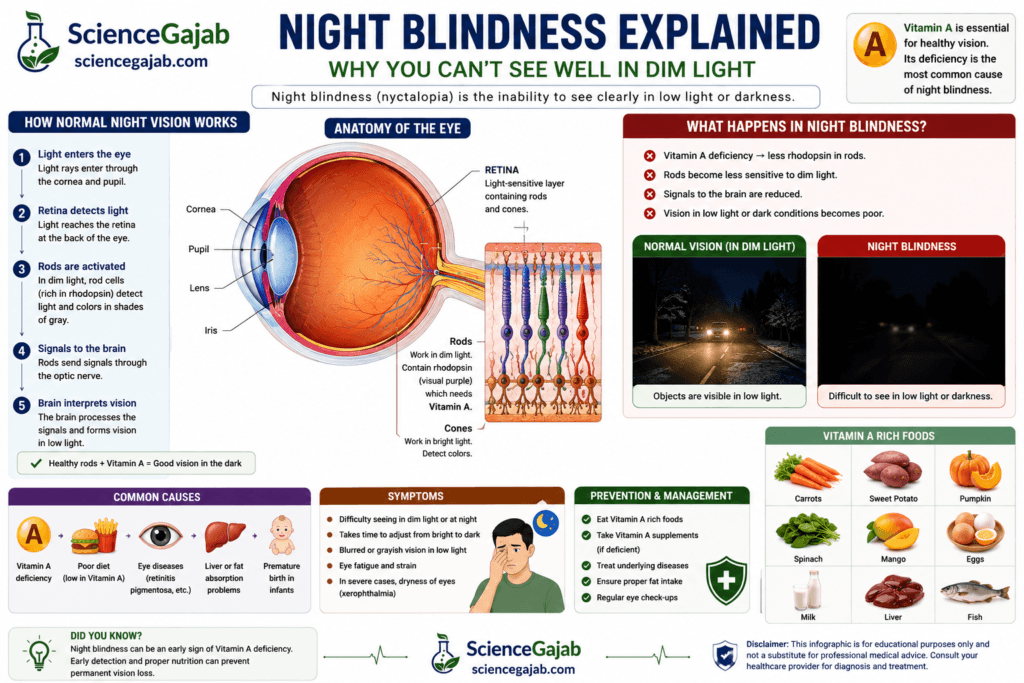 Medical infographic explaining night blindness (nyctalopia) with detailed eye anatomy, including the cornea, pupil, lens, retina, optic nerve, rod cells, and cone cells. Illustrates how vitamin A deficiency reduces rhodopsin in rod cells, causing poor vision in dim light and darkness. Includes a comparison of normal night vision versus night blindness, common causes, symptoms, prevention strategies, and vitamin A-rich foods such as carrots, sweet potatoes, pumpkin, spinach, mangoes, eggs, milk, liver, and fish. Features eye, retina, and vision icons