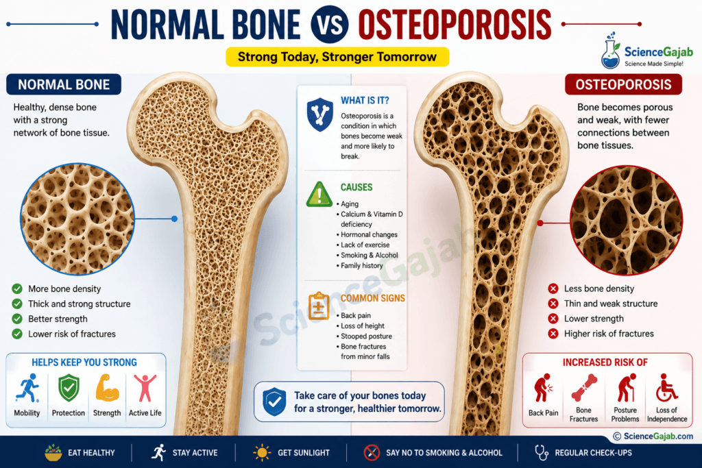 Normal Bone vs Osteoporosis infographic comparing a healthy, dense bone with an osteoporotic bone using realistic cross-sections and magnified trabecular bone structure. The left side shows thick, strong, tightly connected bone tissue with higher bone density and a lower risk of fractures. The right side shows porous, fragile bone with thinner trabeculae, reduced bone density, and a higher fracture risk. The center explains osteoporosis, common causes such as aging and calcium/vitamin D deficiency, warning signs including back pain and loss of height, and prevention tips like a calcium-rich diet, weight-bearing exercise, sunlight exposure, avoiding smoking and excessive alcohol, and regular health check-ups.
