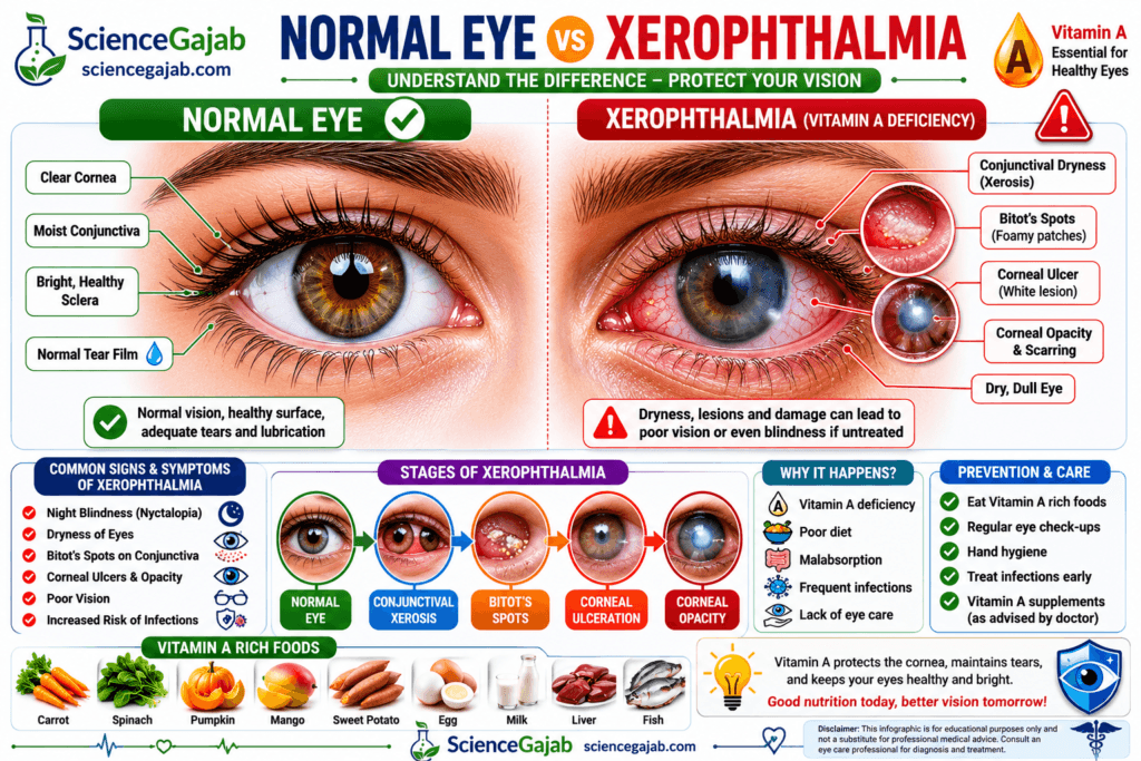 Medical comparison infographic showing a normal eye versus an eye affected by xerophthalmia (vitamin A deficiency). The normal eye highlights a clear cornea, moist conjunctiva, healthy sclera, and normal tear film, while the xerophthalmia side illustrates conjunctival dryness (xerosis), Bitot's spots, corneal ulcer, corneal opacity, dry eye, and reduced vision. The infographic also includes stages of xerophthalmia, common symptoms, causes, prevention tips, vitamin A-rich foods such as carrots, spinach, pumpkin, mango, sweet potato, eggs, milk, liver, and fish, along
