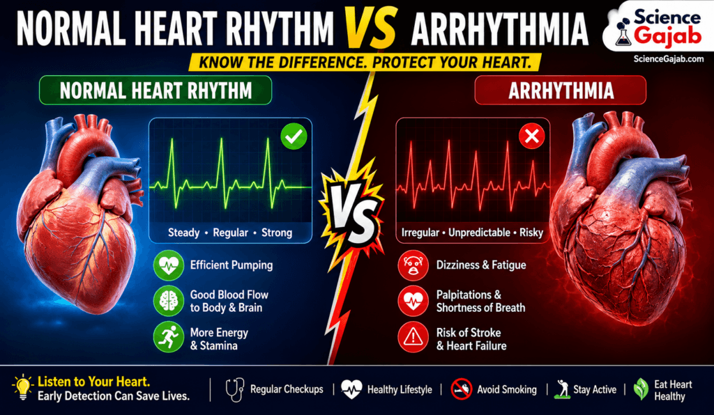 Normal Heart Rhythm vs Arrhythmia infographic showing a side-by-side comparison of a healthy heart with a regular ECG rhythm and an arrhythmia heart with an irregular ECG pattern. The image highlights symptoms such as dizziness, fatigue, palpitations, and shortness of breath, along with heart-healthy lifestyle tips. Premium medical infographic with ScienceGajab branding on a high-contrast blue and red background.