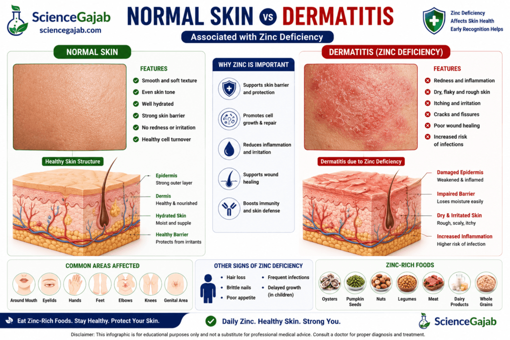 Medical comparison infographic showing normal skin versus dermatitis associated with zinc deficiency. The normal skin panel highlights smooth texture, even skin tone, healthy hydration, intact skin barrier, and normal epidermis and dermis. The zinc deficiency dermatitis panel illustrates red, inflamed, dry, flaky, scaly skin with cracks, irritation, impaired skin barrier, delayed wound healing, and increased risk of infection. Includes cross-sectional skin anatomy diagrams, key functions of zinc in skin repair and immunity, commonly affected body areas, zinc-rich foods such as oysters, pumpkin seeds, nuts, legumes, meat, dairy products, and whole grains, along with