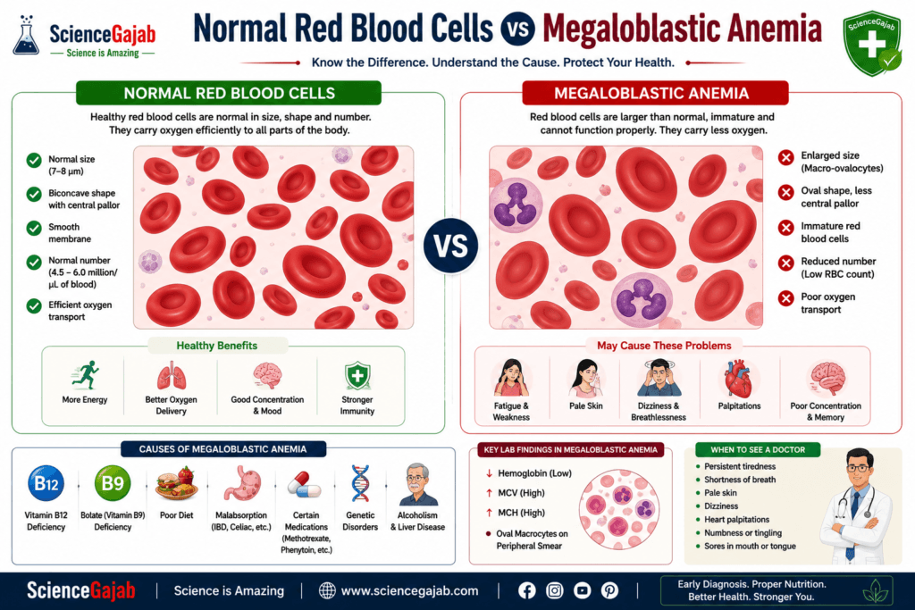 Medical infographic comparing normal red blood cells with megaloblastic anemia. The left side shows healthy red blood cells that are normal in size, biconcave in shape, and efficient at carrying oxygen, with benefits such as better energy, oxygen delivery, concentration, and immunity. The right side shows enlarged oval red blood cells (macro-ovalocytes) seen in megaloblastic anemia, highlighting poor oxygen transport and symptoms including fatigue, weakness, pale skin, dizziness, breathlessness, palpitations, and poor concentration. The infographic also lists common causes such as vitamin B12 deficiency, folate (vitamin B9) deficiency, poor diet, malabsorption, certain medications, genetic disorders, and alcoholism, along with key laboratory findings and signs that require medical evaluation.