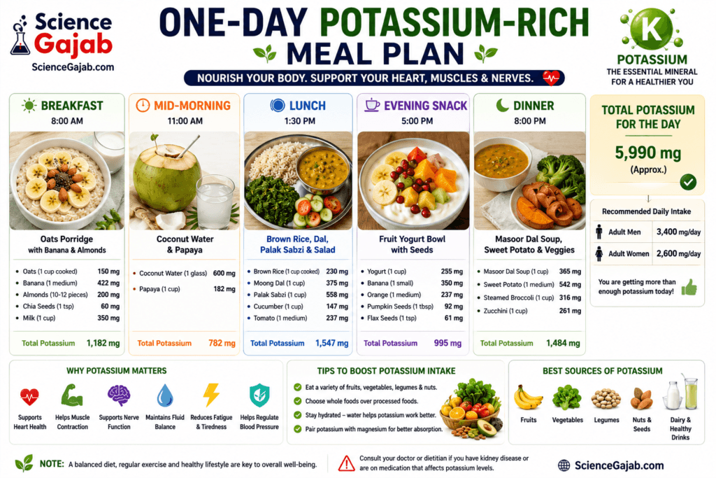One-Day Potassium-Rich Meal Plan infographic featuring a balanced daily menu with breakfast, mid-morning snack, lunch, evening snack, and dinner using potassium-rich foods such as oats, bananas, almonds, coconut water, papaya, brown rice, lentils, spinach, yogurt, sweet potatoes, broccoli, beans, fruits, seeds, and vegetables. The chart highlights estimated potassium intake per meal, total daily potassium, health benefits for the heart, muscles, nerves, fluid balance, and blood pressure, plus practical tips to increase potassium intake. Premium white-background medical nutrition infographic