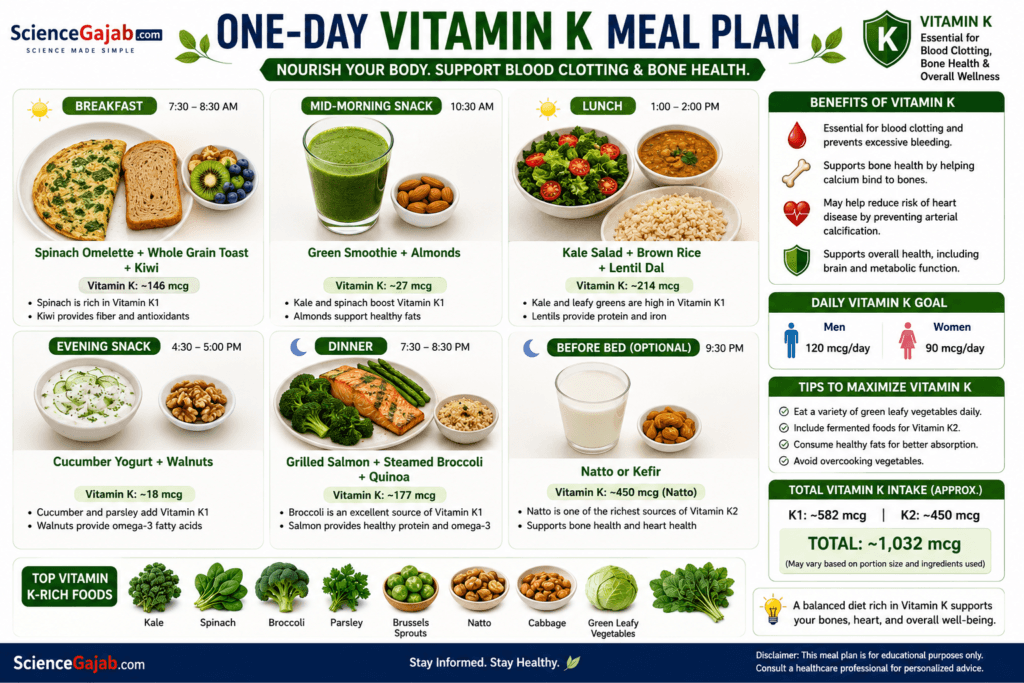One-Day Vitamin K Meal Plan infographic showing a full day of vitamin K-rich meals from breakfast to bedtime. The meal plan includes a spinach omelet, whole-grain toast, kiwi, green smoothie, kale salad, lentil dal, brown rice, cucumber yogurt, walnuts, grilled salmon, steamed broccoli, quinoa, and natto or kefir. The infographic highlights estimated vitamin K intake per meal, daily vitamin K recommendations, health benefits for blood clotting and bone health, tips to maximize vitamin K absorption, and top vitamin K-rich foods including kale, spinach, broccoli, parsley, Brussels sprouts, cabbage, and natto. Educational nutrition infographic