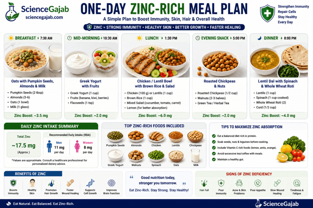 Visual meal plate with eggs, pumpkin seeds, chickpeas, yogurt, chicken (or tofu), whole grains, and vegetables.
