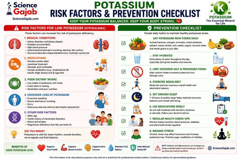 Potassium Risk Factors and Prevention Checklist infographic explaining common risk factors for low potassium (hypokalemia), including kidney disease, vomiting, diarrhea, diuretic use, poor diet, excessive sweating, certain medications, alcoholism, and magnesium deficiency. The infographic also provides a prevention checklist featuring potassium-rich foods, adequate hydration, limiting processed foods, regular exercise, sufficient sleep, proper medication use, routine health check-ups, and stress management. It highlights potassium's role in heart health, muscle contraction, nerve function, electrolyte balance, and blood pressure regulation. Premium white-background medical infographic