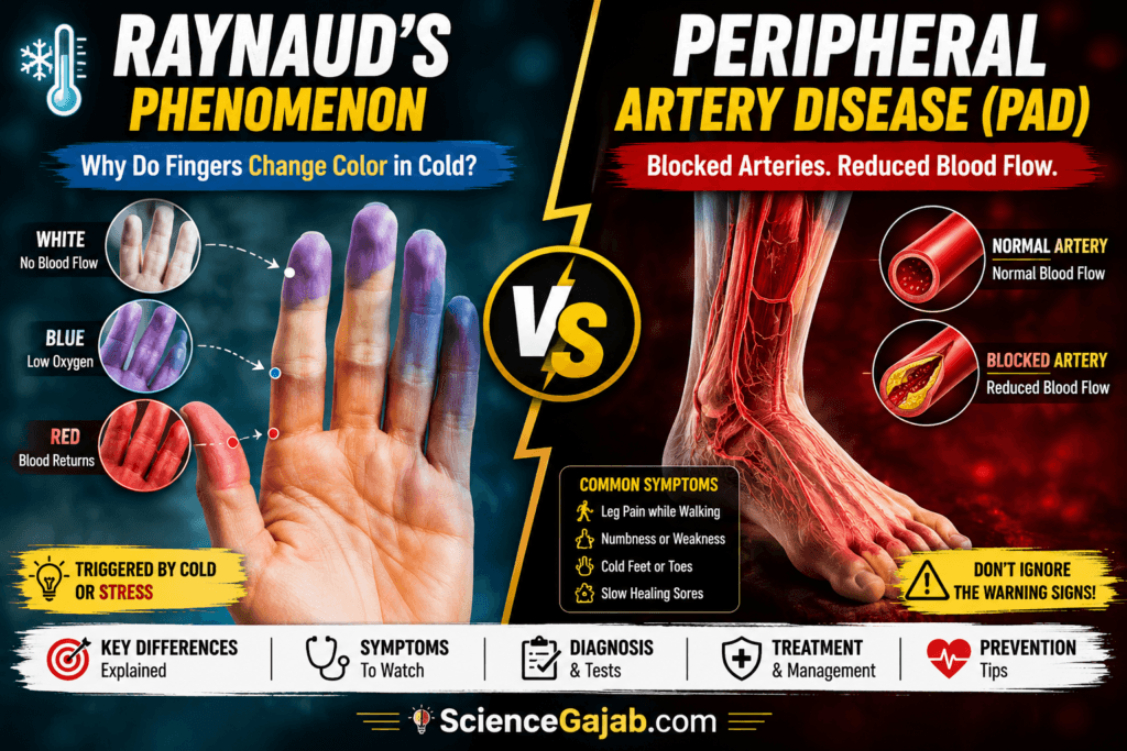 Raynaudâs Phenomenon vs Peripheral Artery Disease (PAD) infographic showing the key differences between the two conditions. The left side illustrates Raynaudâs with fingers changing from white to blue to red due to reduced blood flow triggered by cold or stress. The right side shows Peripheral Artery Disease with narrowed leg arteries, reduced circulation, and symptoms including leg pain while walking, numbness, cold feet, and slow-healing wounds. Includes comparison of normal and blocked arteries, symptoms, diagnosis, treatment, prevention,