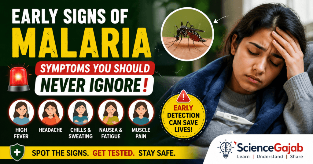 Featured infographic showing the early signs of malaria, including high fever, headache, chills, sweating, nausea, fatigue, and muscle pain, with a mosquito and sick patient illustration. Early symptoms of malaria that should never be ignored.