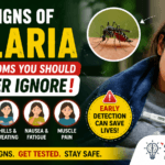 Featured infographic showing the early signs of malaria, including high fever, headache, chills, sweating, nausea, fatigue, and muscle pain, with a mosquito and sick patient illustration. Early symptoms of malaria that should never be ignored.